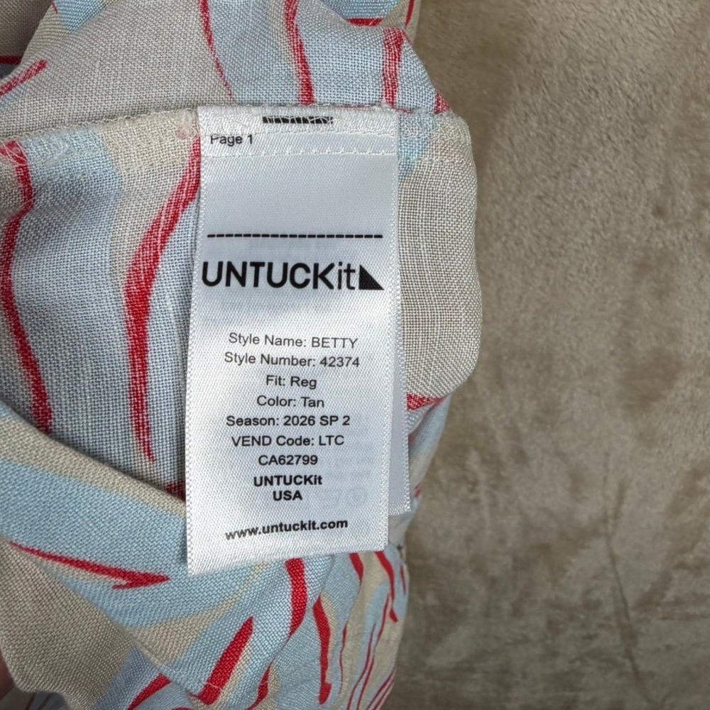 UNTUCKit Betty Linen Blend Shirt Dress XS Tan Blue Red Tropical Leaf Mini 42374 - Picture 4 of 11